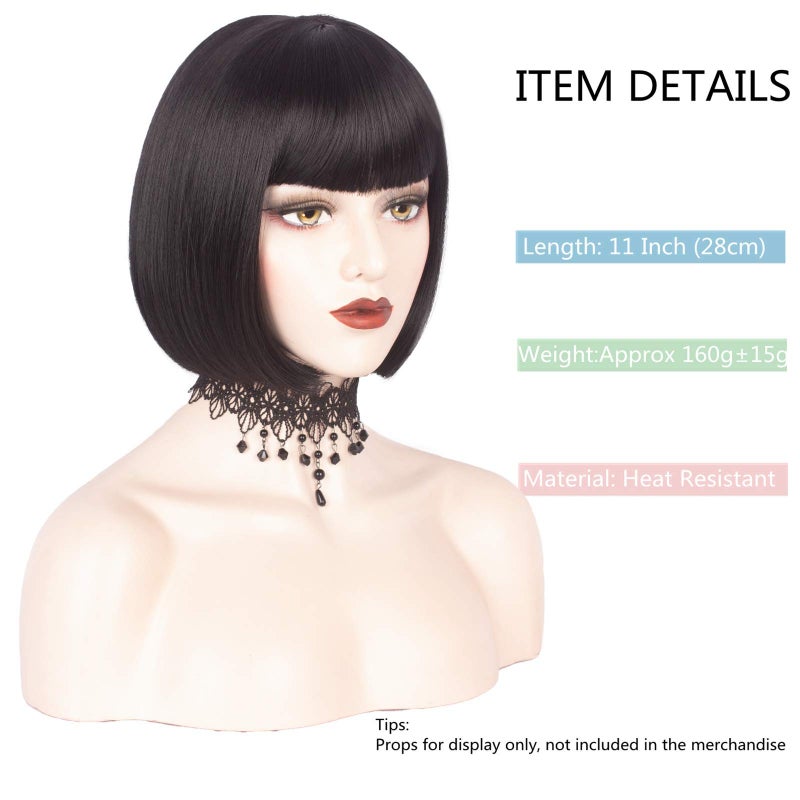 ويكين شعر مستعار قصير أسود من ويكن مع غرة، شعر مستعار قصير للنساء ذوات البشرة السمراء والبيضاء، مناسب للاستخدام اليومي والحفلات والتنكر والهالوين، شعر مستعار صناعي كامل بطول 11 بوصة - Image 3